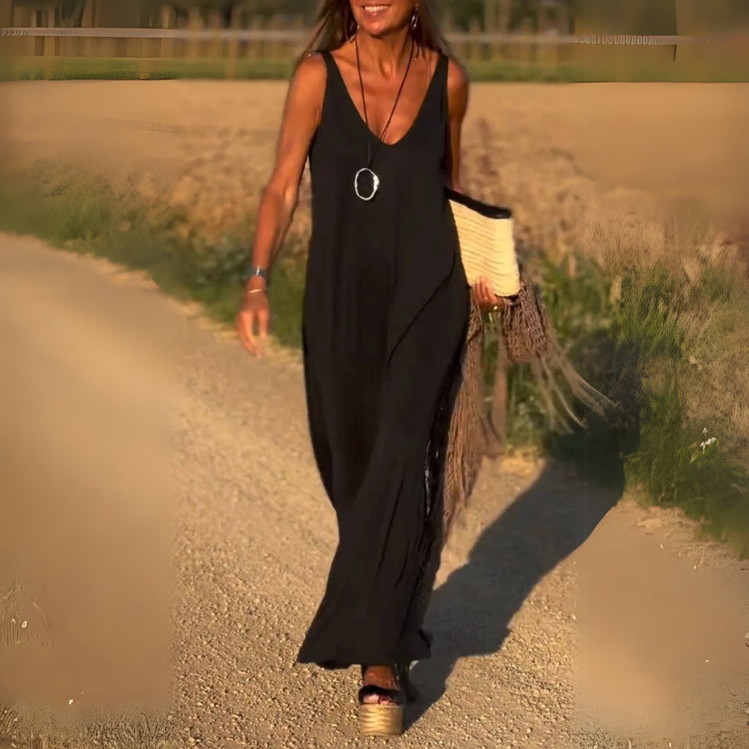 Elegante maxi-jurk zonder mouwen met V-hals