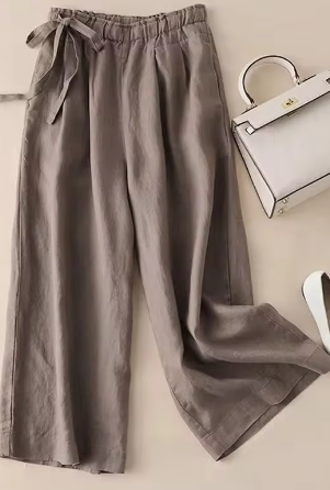 Recht gesneden broek met kaki strik en hoge elastische taille