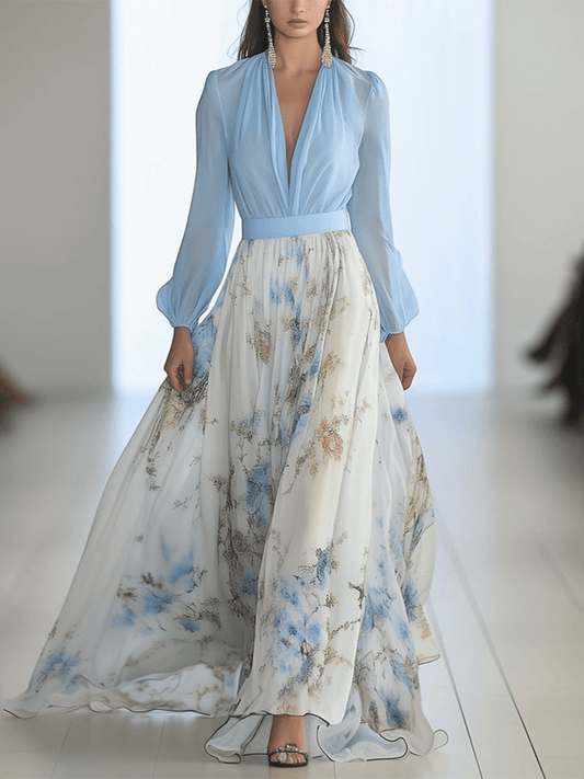 Lange damesjurk met elegant en modern bloemmotief
