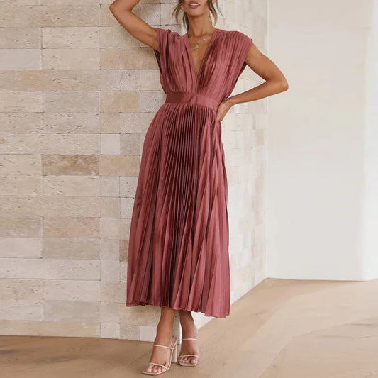 Plooirok midi-jurk met V-hals en elegante korte mouwen