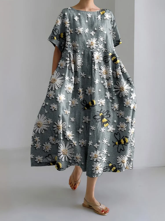 casual damesjurk met bijenprint en bloemenkant
