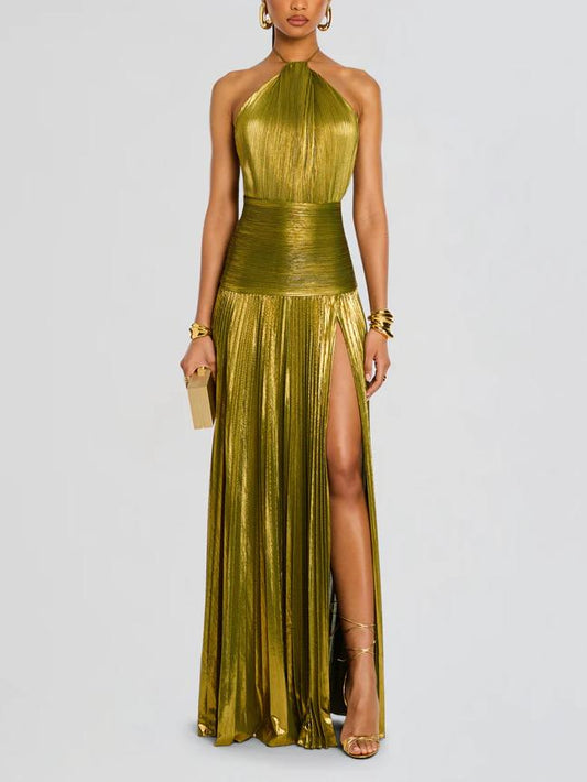 Lange jurk Thalia in metallic peridot