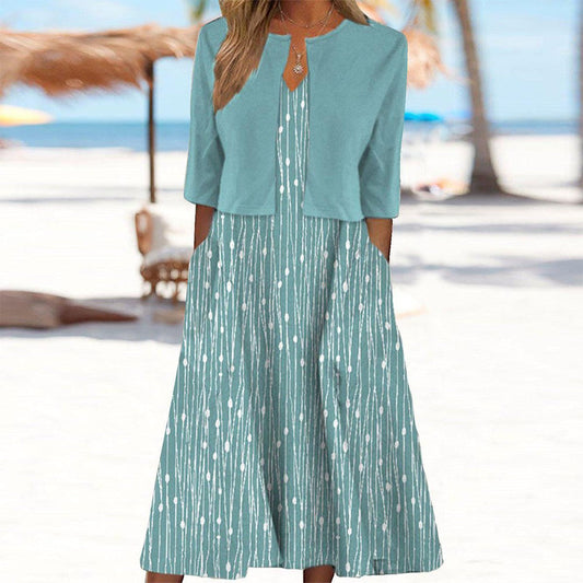 Midi-jurk met bladmotief en bijpassend jasje voor een complete look