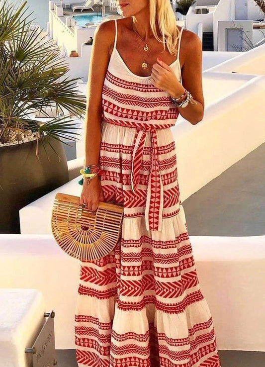 Bohemian strapless jurk met geometrische print en V-hals