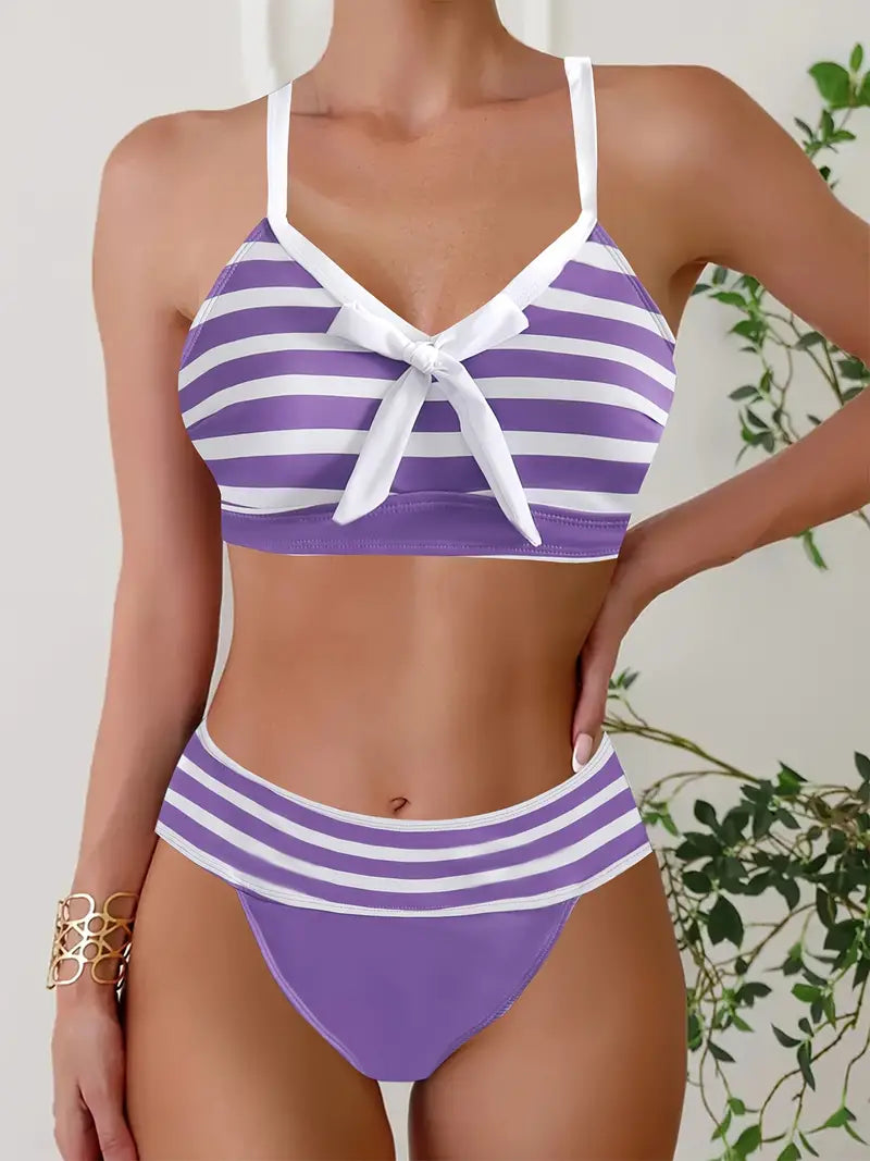 Sexy gestreepte print strik V-hals bikini