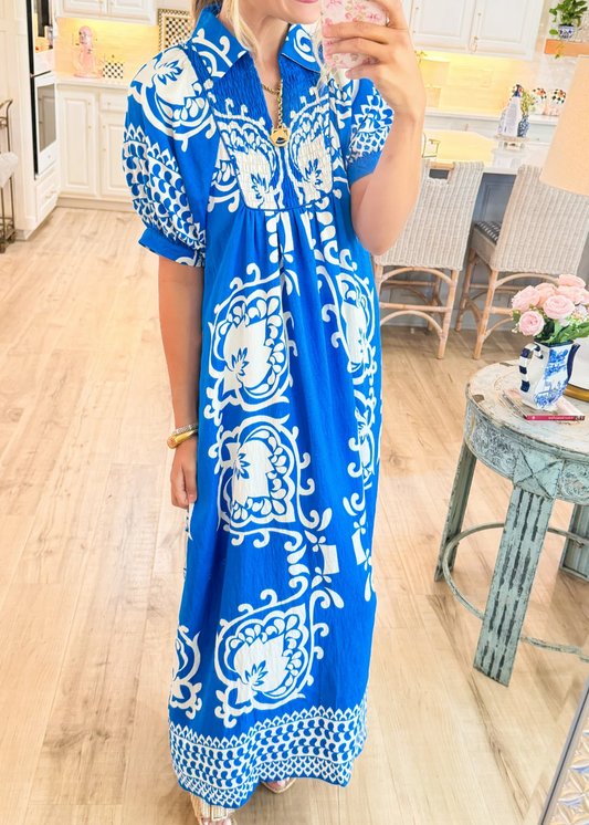 Midi-jurk in boho-stijl met pofmouwtjes en mix-and-match print