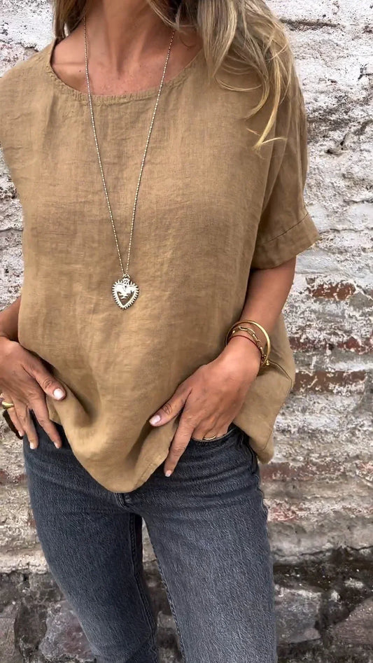 Naila - Blouse met halve mouwen in katoenlinnen met ronde hals, effen kleur