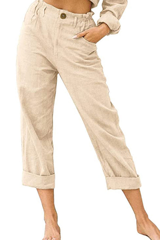 effen kleur katoen en linnen modieuze losse hoge taille casual broek