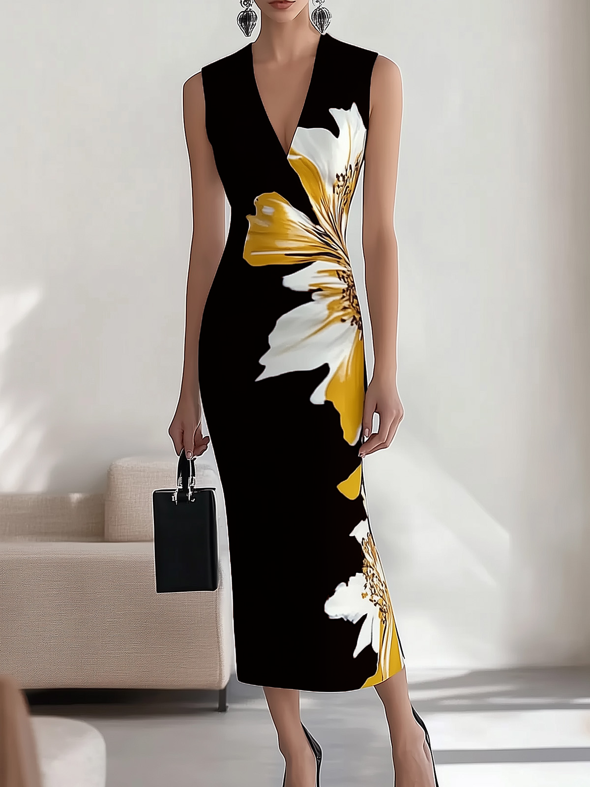 Lange mouwloze jurk met V-hals en bloemenprint