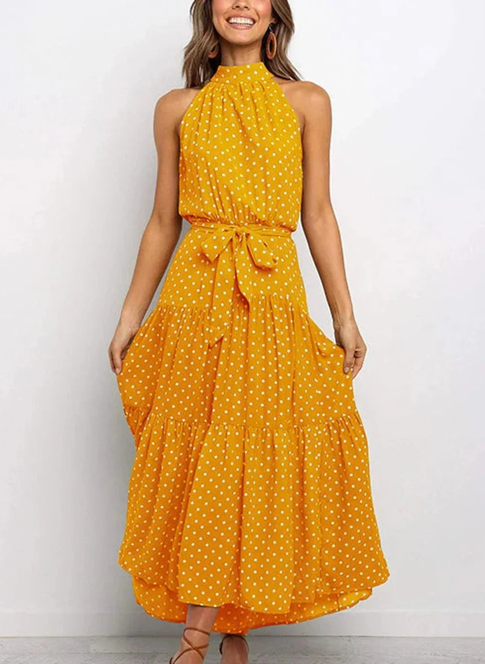 Lange jurk met print en strik in de taille