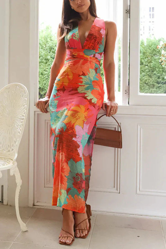 Maxi-jurk met print, V-hals en hoge taille