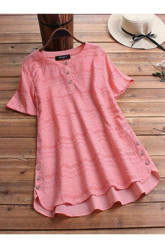 Geborduurde casual blouse in bohemianstijl met korte mouwen en knoopsluiting
