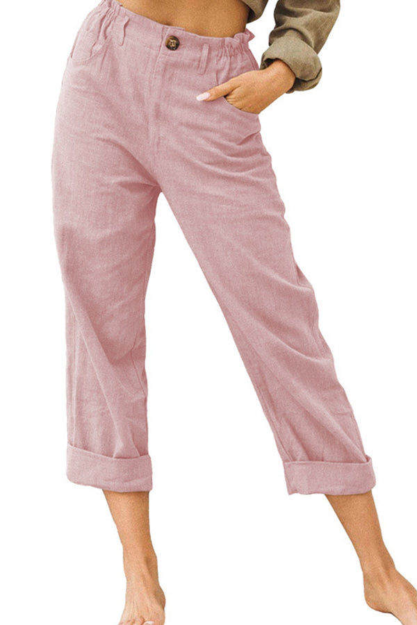 effen kleur katoen en linnen modieuze losse hoge taille casual broek