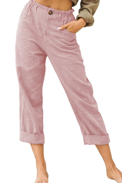 effen kleur katoen en linnen modieuze losse hoge taille casual broek