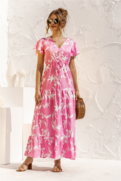 Lange jurk met bloemenprint, knoopjes en kant, met V-hals en korte mouwen, lente zomer