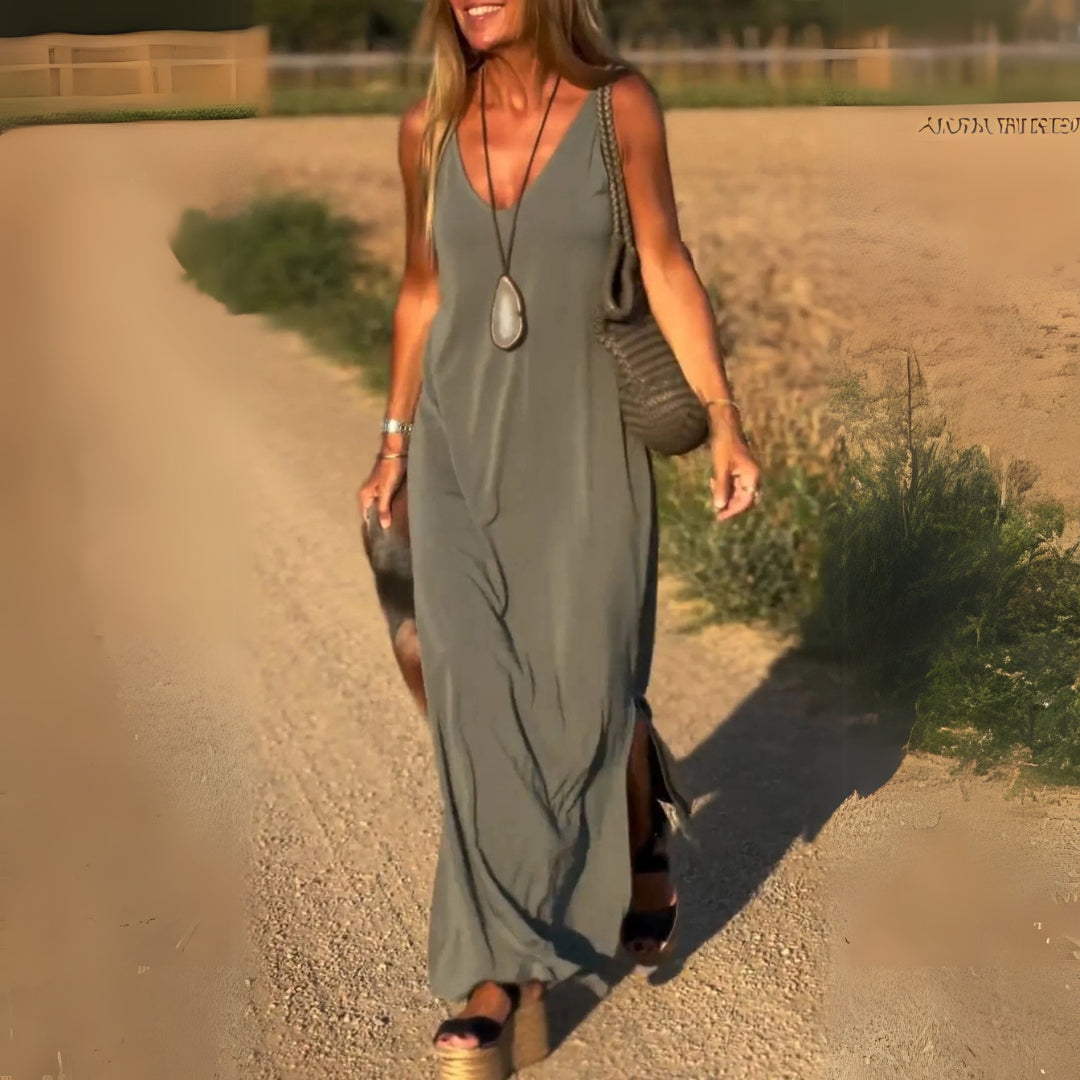 Elegante maxi-jurk zonder mouwen met V-hals