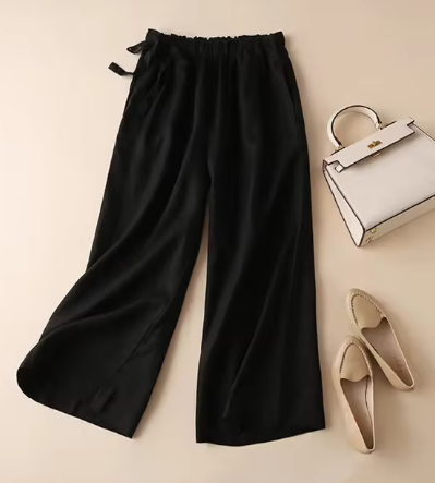 Recht gesneden broek met kaki strik en hoge elastische taille