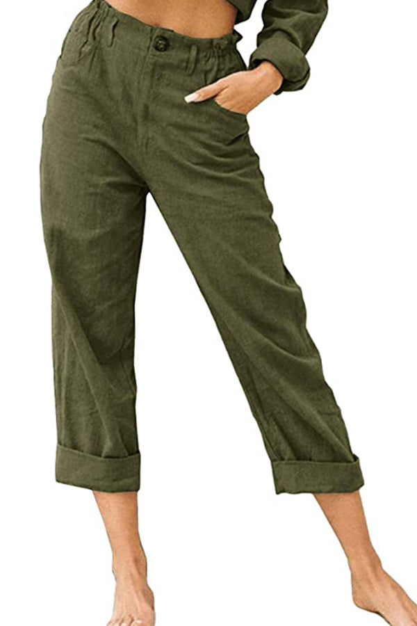 effen kleur katoen en linnen modieuze losse hoge taille casual broek