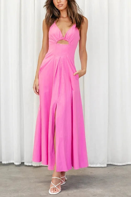 Maxi-jurk met open rug en V-hals