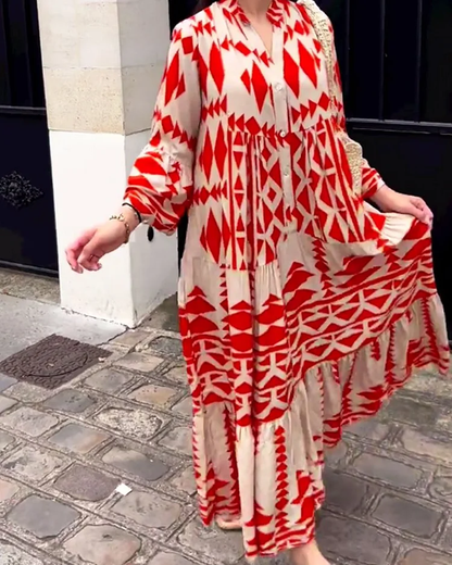 jurk met print, lange mouwen en V-hals