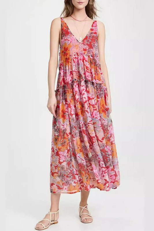 mouwloze jurk met geplooide V-hals met bloemen