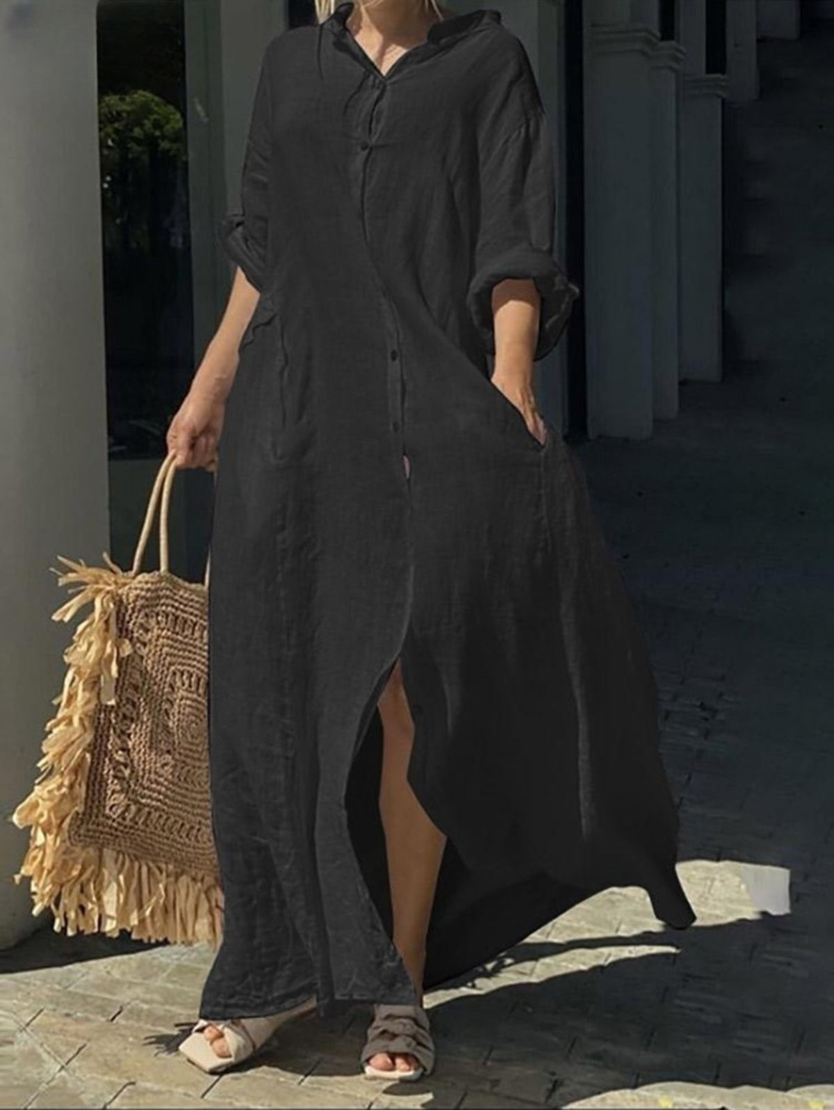 Losse, casual, effen pocketjurk met een rij knopen en lange mouwen