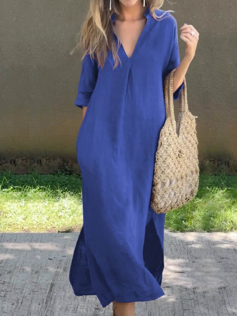Elegante maxi-jurk met V-hals en losse silhouet