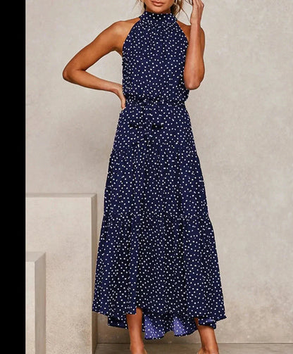 Lange jurk met print en strik in de taille