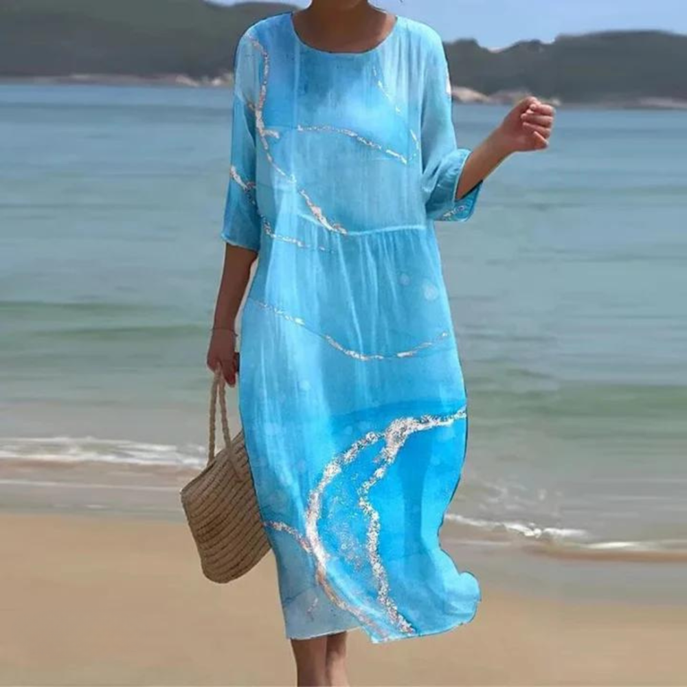 Lange zomerjurk met modern print en korte mouwen