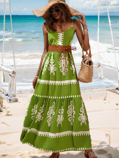 Tropical Vibes: damesjurk met gerimpelde zoom en groene print