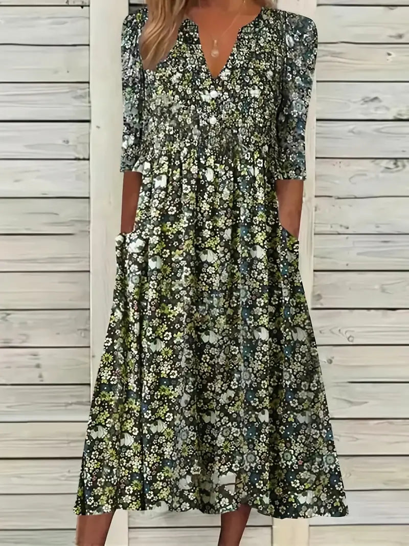 Bloesem Ditsy Bloemenprint Jurk met V-Hals en Zakken