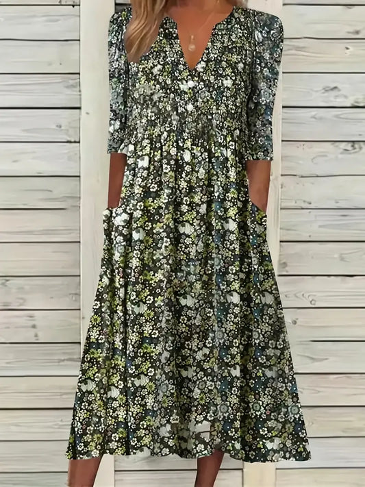 Bloesem Ditsy Bloemenprint Jurk met V-Hals en Zakken