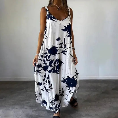 Lange mouwloze jurk met bloemenprint, ideaal voor zonnige dagen
