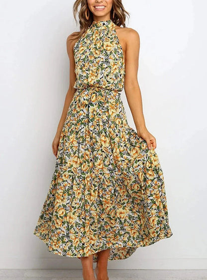 Lange jurk met print en strik in de taille
