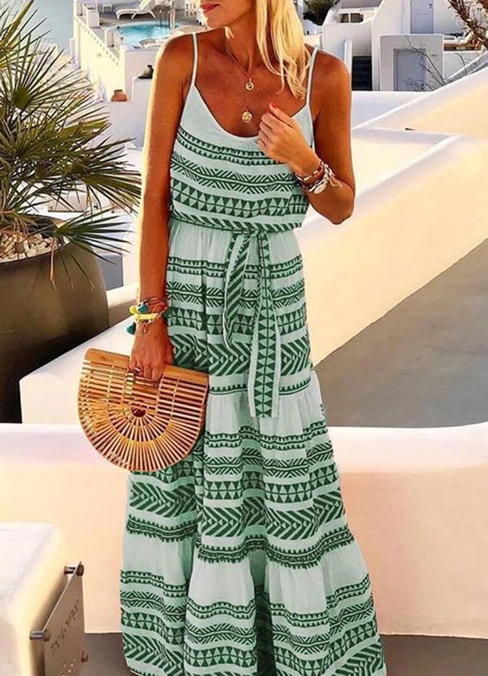 Bohemian strapless jurk met geometrische print en V-hals