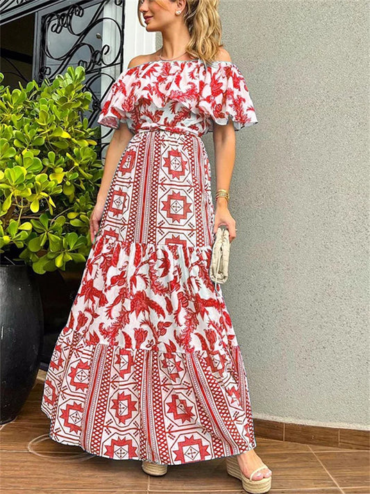 lente-/zomerjurk met grote halslijn en bohemian print