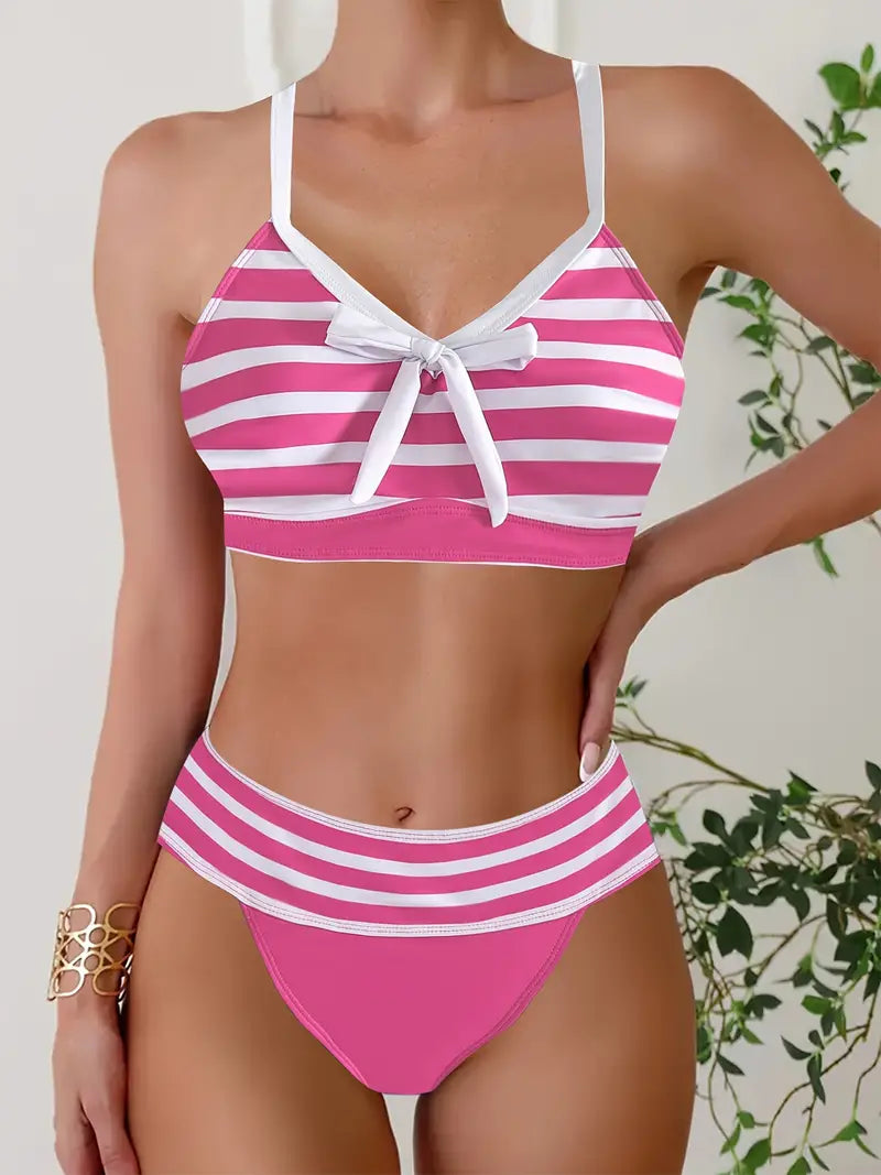 Sexy gestreepte print strik V-hals bikini