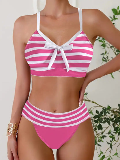Sexy gestreepte print strik V-hals bikini