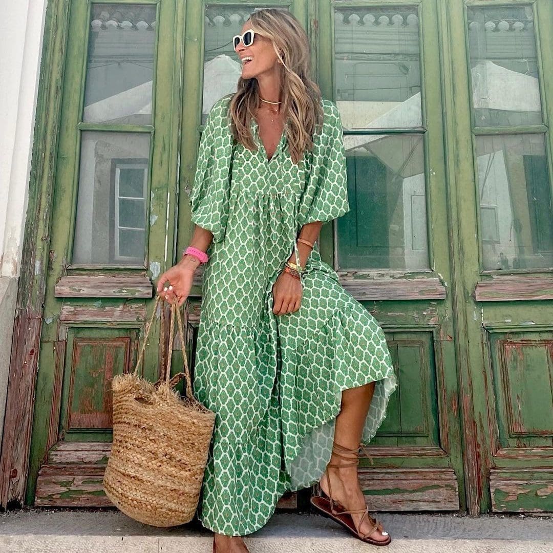 Bohemian lange jurk met vintage print, V-hals en korte losse mouwen