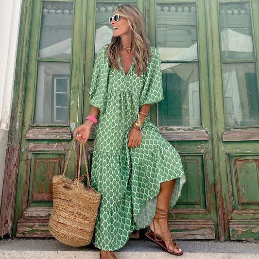 Bohemian lange jurk met vintage print, V-hals en korte losse mouwen