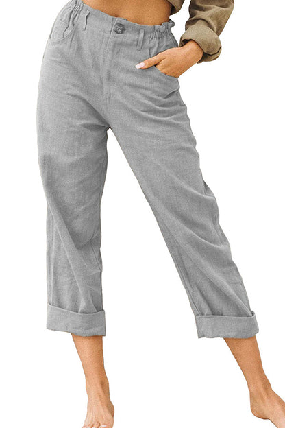 effen kleur katoen en linnen modieuze losse hoge taille casual broek