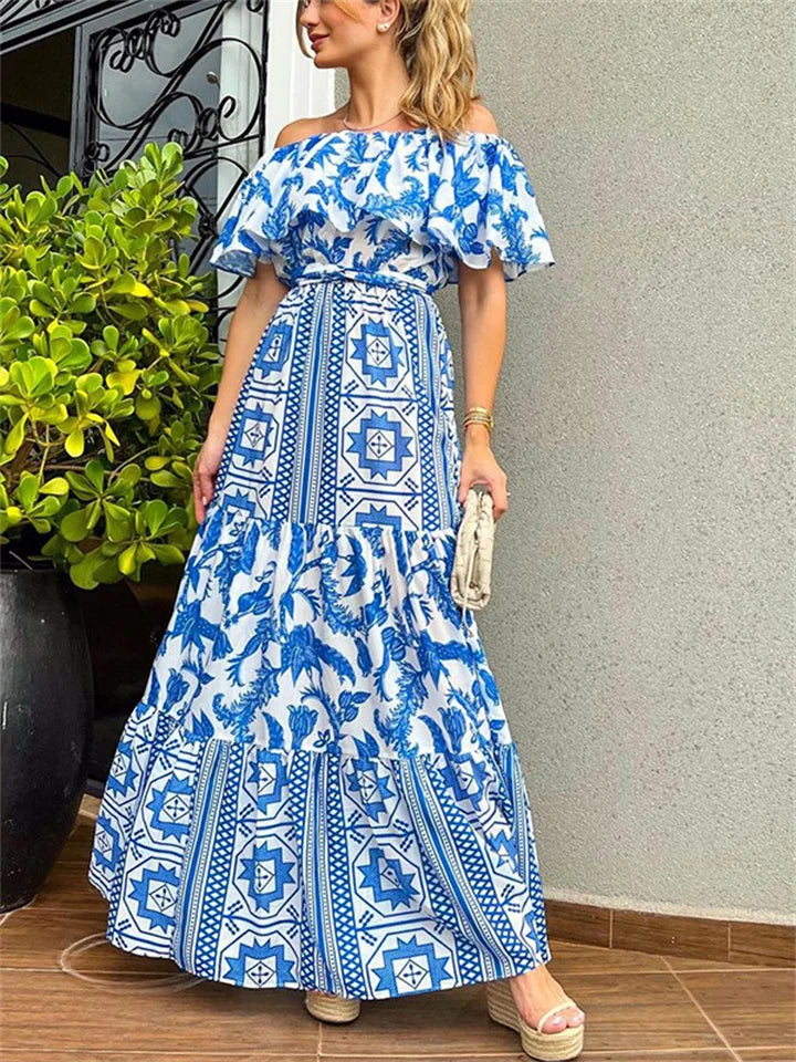 lente-/zomerjurk met grote halslijn en bohemian print