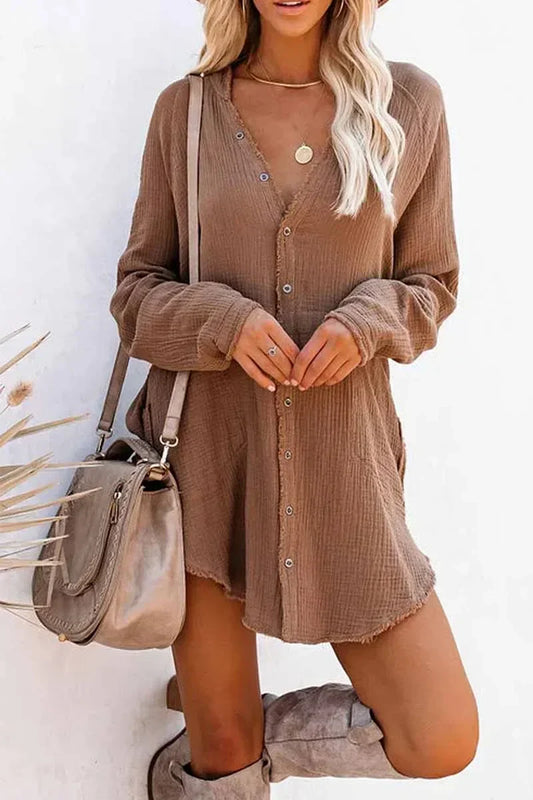Seersucker mini-jurk met franjes en lange mouwen