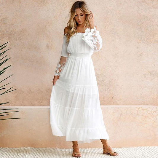Tule off shoulder vakantiejurk met franje