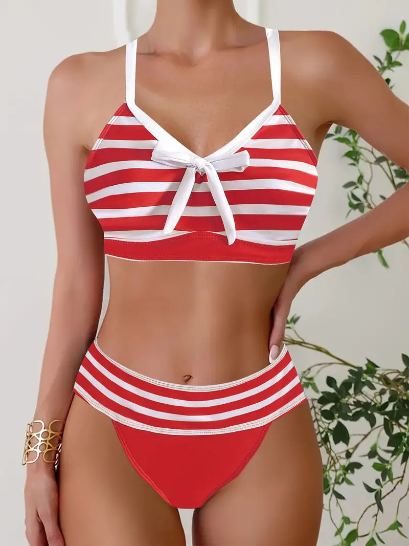 Sexy gestreepte print strik V-hals bikini