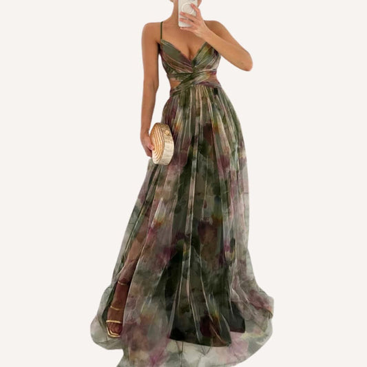Elegante lange jurk met dunne bandjes en bloemenprint