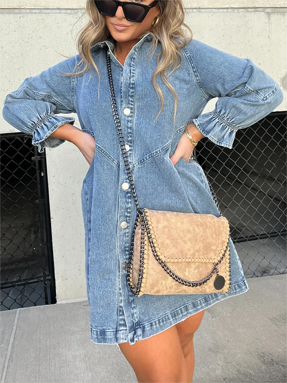 Aileen - Gewassen denim jurk met pofmouwen