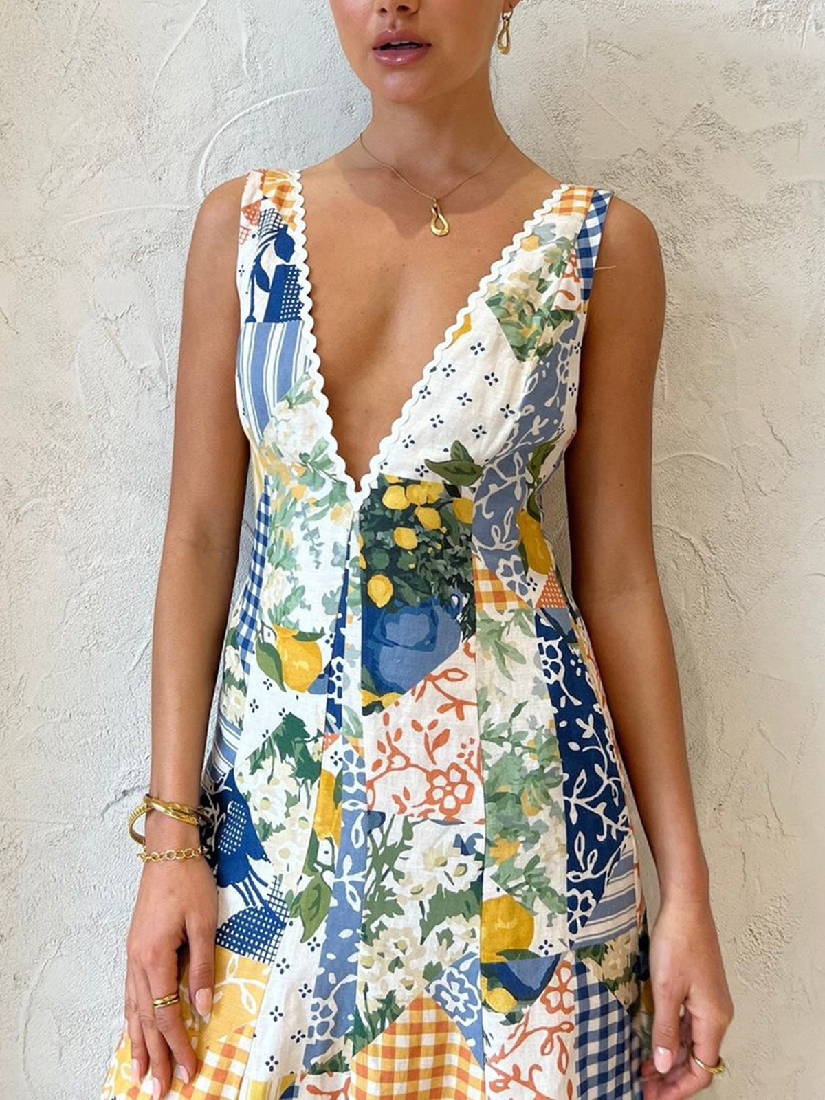 Aisling - Maxi-jurk met limonadeprint en kanten afwerking