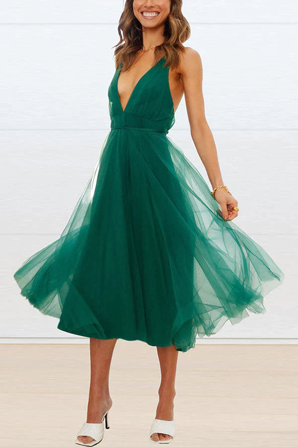 Alena - Romantische tule midi-jurk met V-hals
