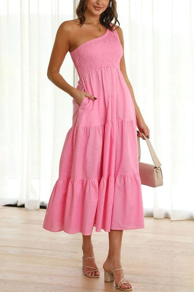 Alivia - Asymmetrische off-the-shoulder midi-jurk met zakken